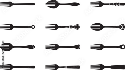 Foto Set of various vintage and modern forks and spoons silhouettes