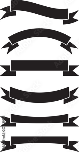 Set of seven black ribbon banners on a white background for graphic design elements and titles