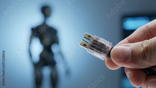 Network cable, robot and hand holding ethernet connector for technology, data transfer and artificial intelligence. Digital, connection and fiber optic with hardware, internet and cyborg office room