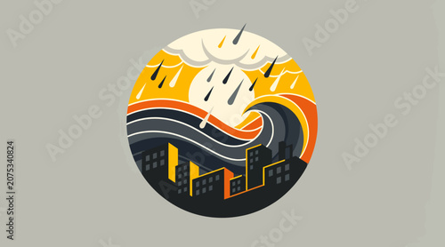Colorful abstract wave and cityscape circular design.