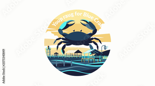 Colorful crab illustration with beach and sunset backdrop.