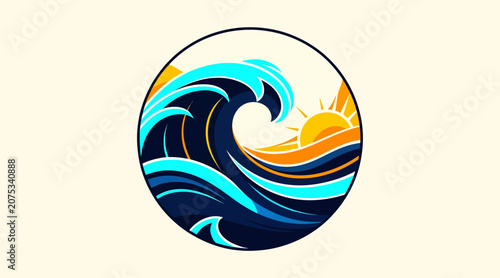 Abstract wave and sunset circular design.