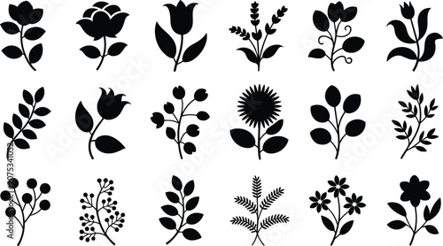 Canvastavla Vector collection of botanical silhouettes featuring diverse flowers, leaves, st