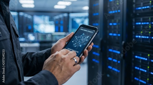 IT technician monitoring network signal strength using smartphone in high-tech server data center