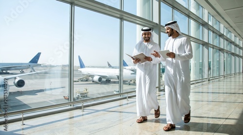 Two Arab businessmen walking in airport terminal discussing documents with airplanes in background