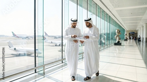 Arab businessmen walking in airport terminal discussing work near runway