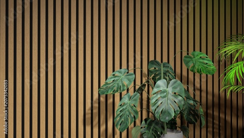 Modern studio background with wooden slat wall and monstera plant - Cam 1 - 3D rendering