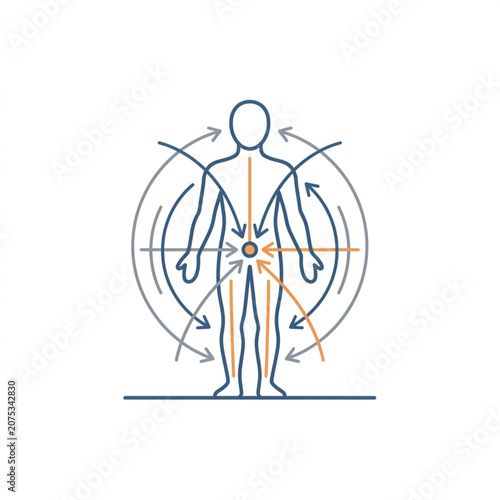 Human body diagram with arrows indicating energy flow and balance.