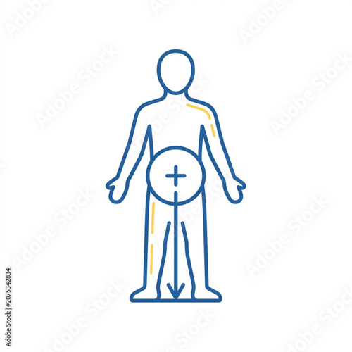 Human body diagram showing center of gravity and downward force vector.