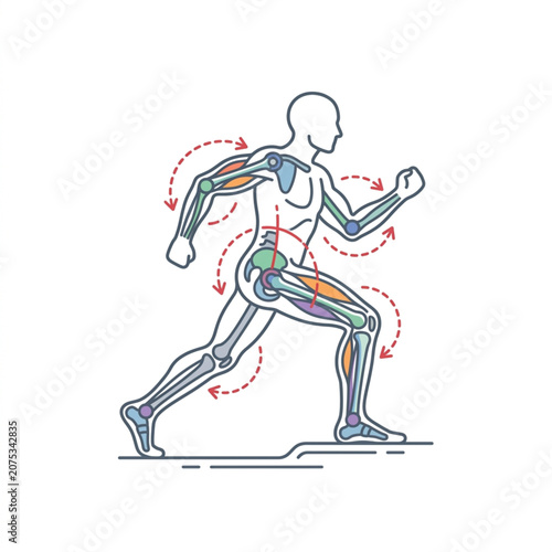 Human anatomy illustration showing running motion and muscle groups.