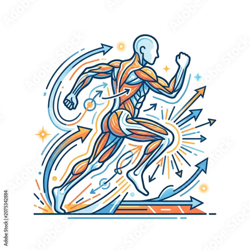 Human anatomy muscle system running motion graphic illustration.