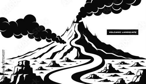 Billede på lærred Very beautiful black and white vector of a VOLCANIC LANDSCAPE with a bold label