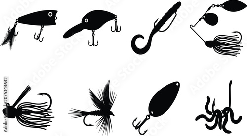 Quadro su tela Fishing lures and bait silhouettes set featuring crankbait popper fly fishing ar