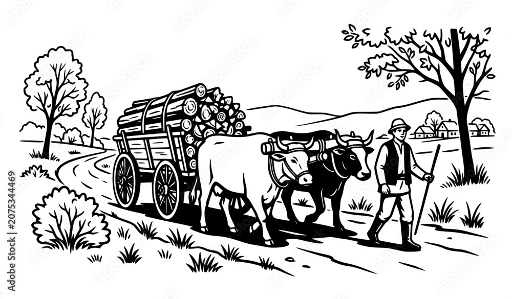 Obraz premium Black and White Ox Cart with Firewood Vector Illustration