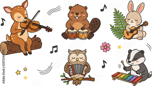 Cute Forest Animals Playing Musical Instruments Woodland Musicians Vector Illustration Set Isolated on White Background