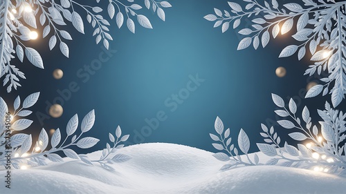 Festive winter scene with frostcovered branches and snowcovered ground lit by soft glowing lights and golden orbs