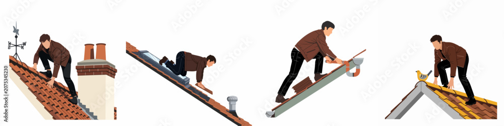 Fototapeta premium Set of vector illustrations showing a man performing various roofing tasks such as repairing tiles, cleaning gutters, and inspecting chimneys.