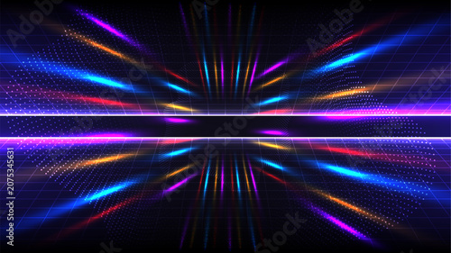 Vector glitter light fire flare trace. Abstract image of speed motion on the road. Dark blue abstract background with ultraviolet neon glow, blurry light lines, waves blank horizontalspectrum abstract