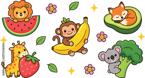 Photography Cute Cartoon Animals Fruit and Vegetable Collection Monkey Banana Avocado Fox an