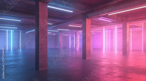 Neon-lit concrete interior, futuristic warehouse space, vibrant light show