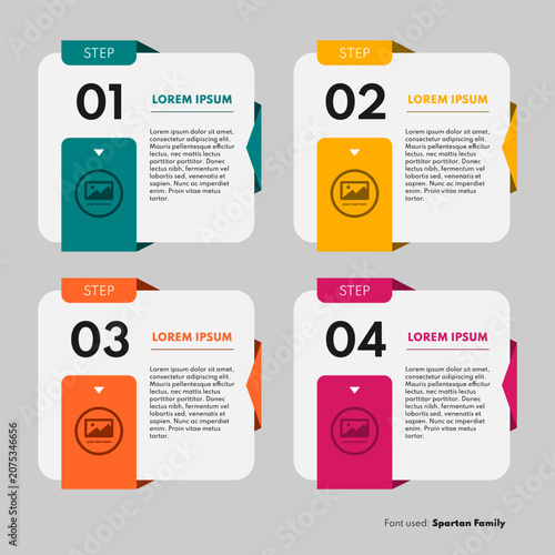 Business infographic timeline vector illustration with four steps and four white square cards menu layout with colorful geometric paper fold tabs and labels