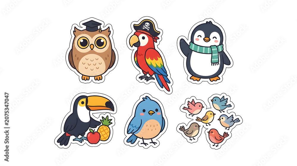 Fototapeta premium Charming Avian Collection: A delightful assortment of six whimsical bird illustrations, featuring an owl in graduation cap, a parrot in pirate attire, a penguin in scarf, a toucan with fruit.