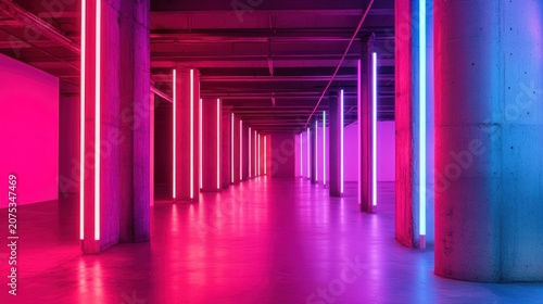 Neon-lit underground corridor, vibrant colours, concrete columns, empty space