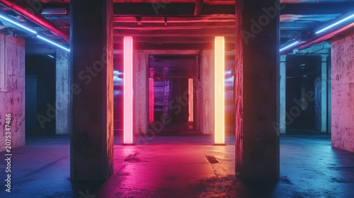 Neon-lit Underground Concrete Corridor