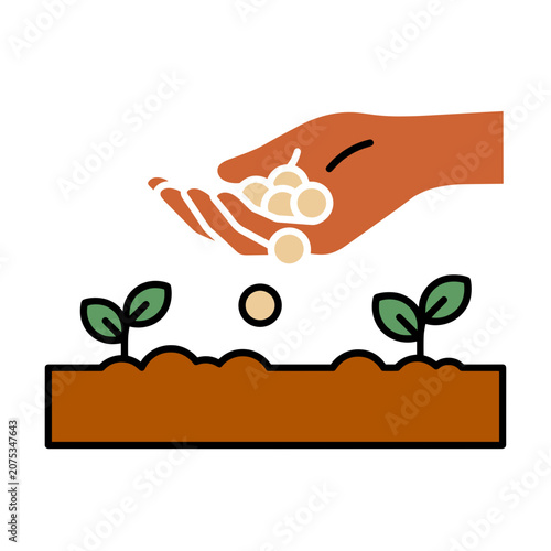 Flat vector illustration of hand planting seeds in soil with seedlings