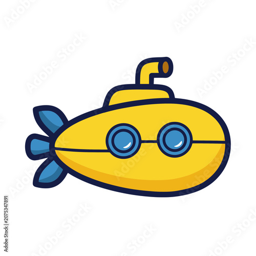 Yellow cartoon submarine with propeller and periscope