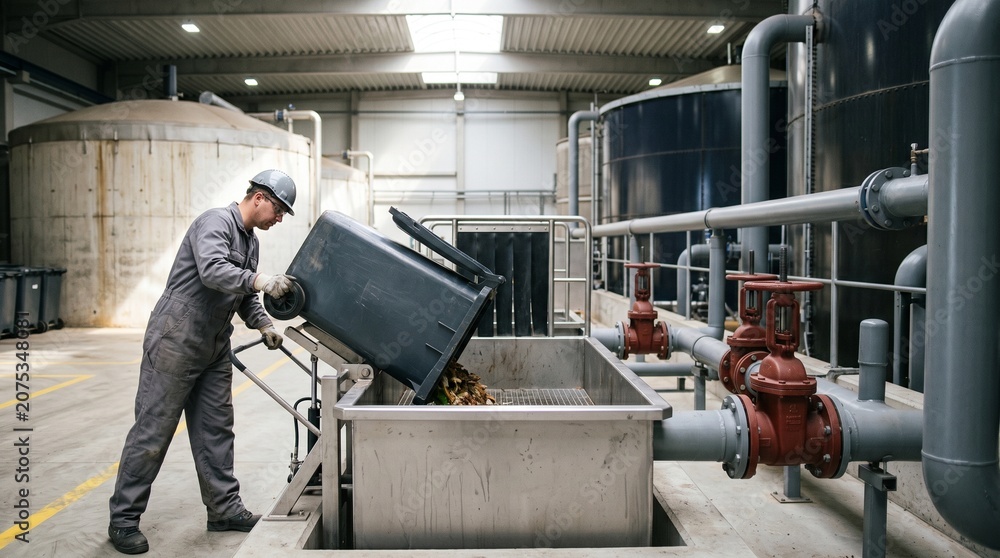 Naklejka premium Organic Waste Transfer Hopper With Pipe Network For Biogas Processing