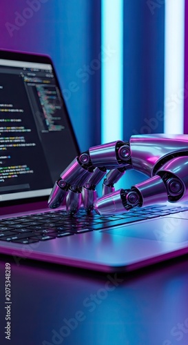 Robotic hand interacting with laptop in neon light environment