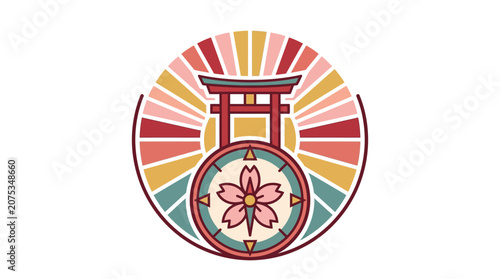 Minimalist flat design travel crest icon for Golden Week Japan holiday season with white backdrop and simple 2D logo style