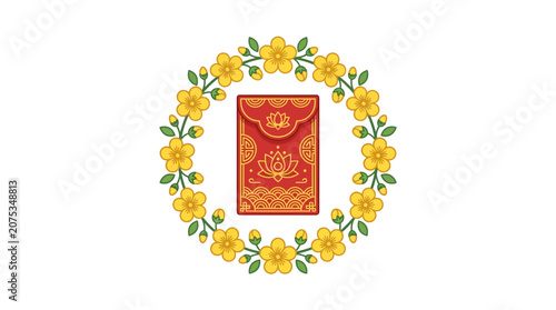 Minimalist Flat Design Vietnamese Lunar New Year Tet Celebration Icon Featuring Traditional Apricot Blossom Wreath Encircled Symbol in Soft Gold and Warm Red Hues on Pristine White Canvas Pe