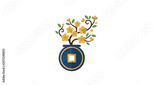 Minimalist Flat Design Vietnamese Lunar New Year Tet Festival Icon Featuring Traditional Apricot Blossom Branch in Soft Golden Hue on Pristine White Canvas Celebrating Cultural Spring Festiv