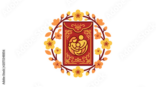 Minimalist Flat Design Vietnamese Lunar New Year Tet Festival Icon Featuring Golden Apricot Blossom Seal Enveloping Traditional Red Ceremonial Envelope Symbolizing Prosperity and Good Fortun
