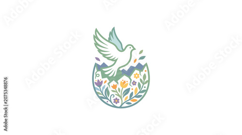 Minimalist Flat Dove Silhouette Emerging from Decorative Cross Easter Religious Holiday Icon in White Space