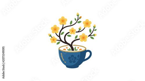 Minimalist flat style 2D icon of Vietnamese Tet Lunar New Year apricot blossom branch emerging symbolizing prosperity and renewal in vibrant yellow tones