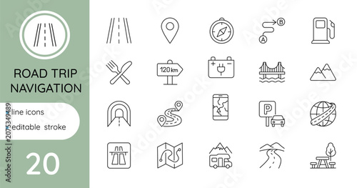 Road trip and navigation icon set – linear vector, editable stroke