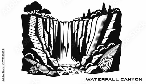 Billede på lærred Very beautiful black and white vector of a WATERFALL CANYON with a bold label re