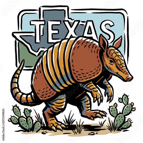 Retro Texas armadillo walking in desert with prickly pear cactus and state map silhouette, vintage graphic illustration for t-shirt design and branding