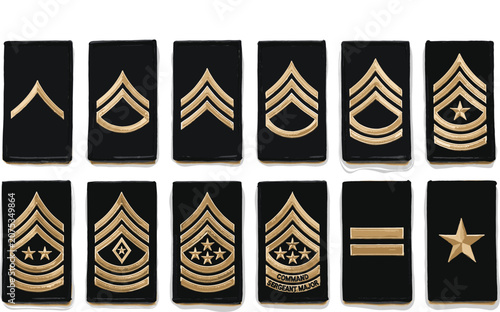 Fotografie United States Military Rank Insignia Set Featuring Golden Chevron Patches and Ba
