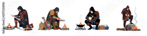 Foto Flat vector illustration of medieval hooded warriors and rogues resting by campfires, sharpening their weapons and preparing for their next quest or adventure
