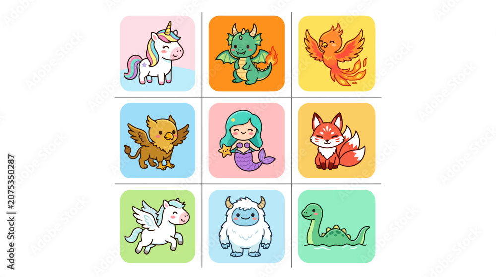 Obraz premium Set of cute kawaii mythical creature illustrations for children.
