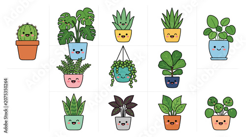 Set of cute kawaii houseplant illustrations with happy faces.