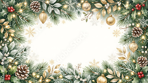 Watercolor Christmas Border with Pine Branches, Gold Ornaments, Holly, Pinecones and Winter Foliage Frame