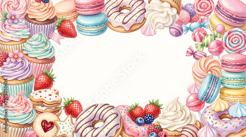Watercolor Dessert Frame with Cupcakes, Donuts, Macarons, Candy and Strawberries on White Background