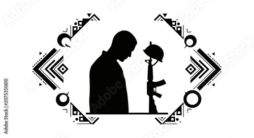 Silhouette of a grieving soldier paying respects to a fallen comrade memorial.