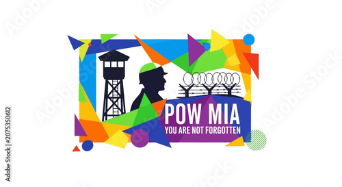 POW MIA graphic with soldier silhouette and guard tower.