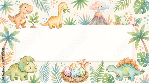 Cute Watercolor Dinosaur Frame with Baby Dinosaurs, Volcano, Dinosaur Eggs and Tropical Leaves